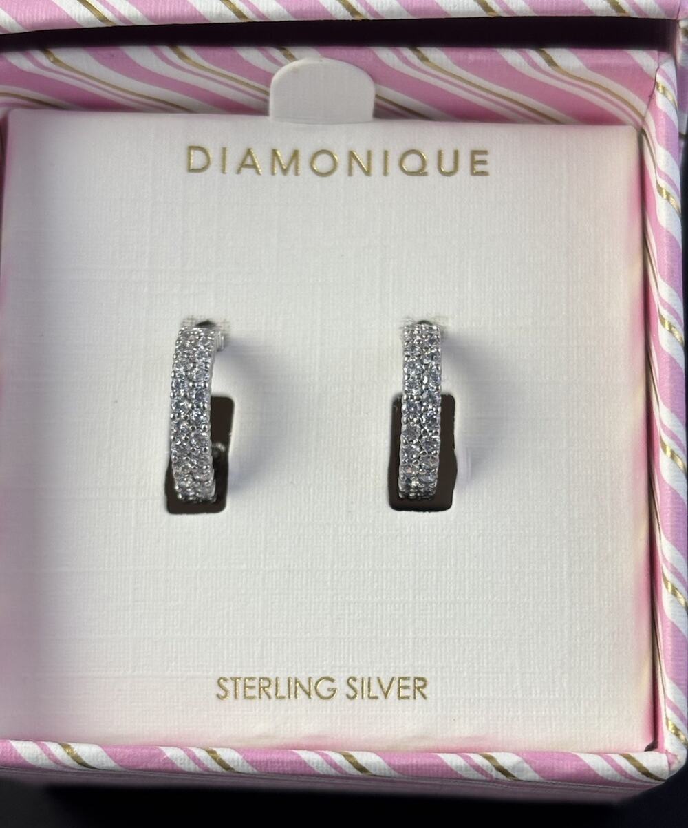 NEW Diamonique Small Pave Huggie Style Hoop Earrings .925 Sterling Silver